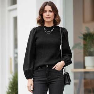 J.Crew Smocked Ruffled Neck Long Sleeve Blouse Top Black Size XL